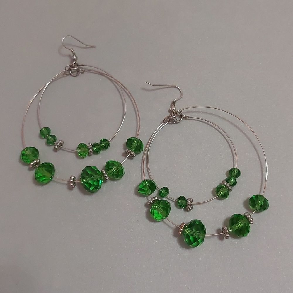 Faceted Green Glass Crystals Double Hoops Dangle Hook Earrings